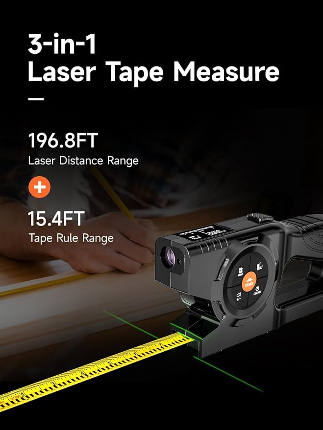 3-in-1 Digital Tape Measure, 196Ft Laser Measurement Tool & Auto Lock Tape with Instant Digital Readout and Green Laser Extension, Measuring List with Memory