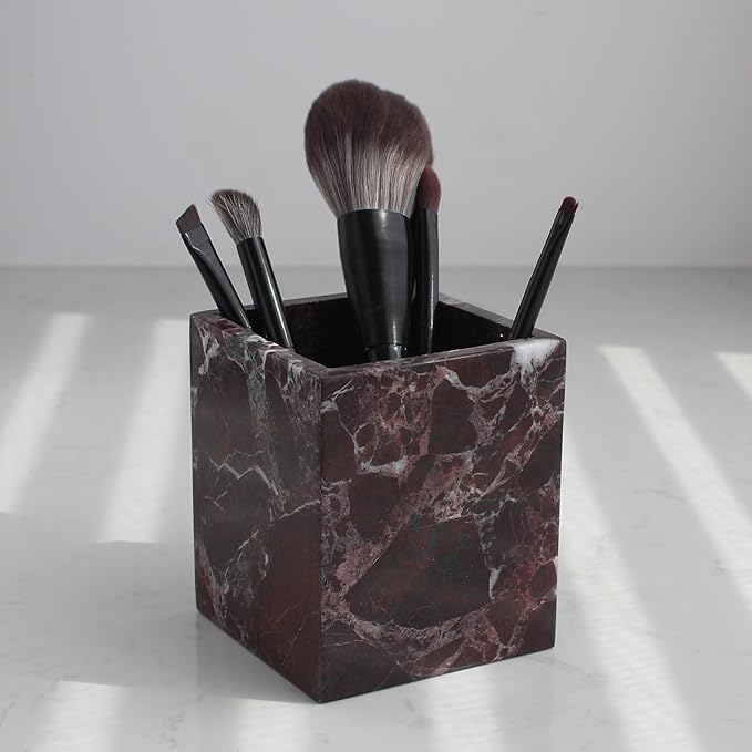Rosso Levanto Marble Toothbrush Holders for Bathroom, Natural Marble Canisters, Makeup Brush Holder Countertop Organizer