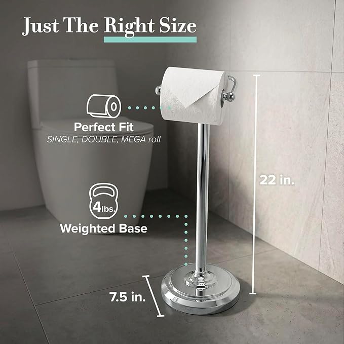 Gatco 1436C Toilet Paper Holder Stand, Chrome Finish, Freestanding Bathroom Floor Stand, Pedestal, Weighted Base, 22 Inch