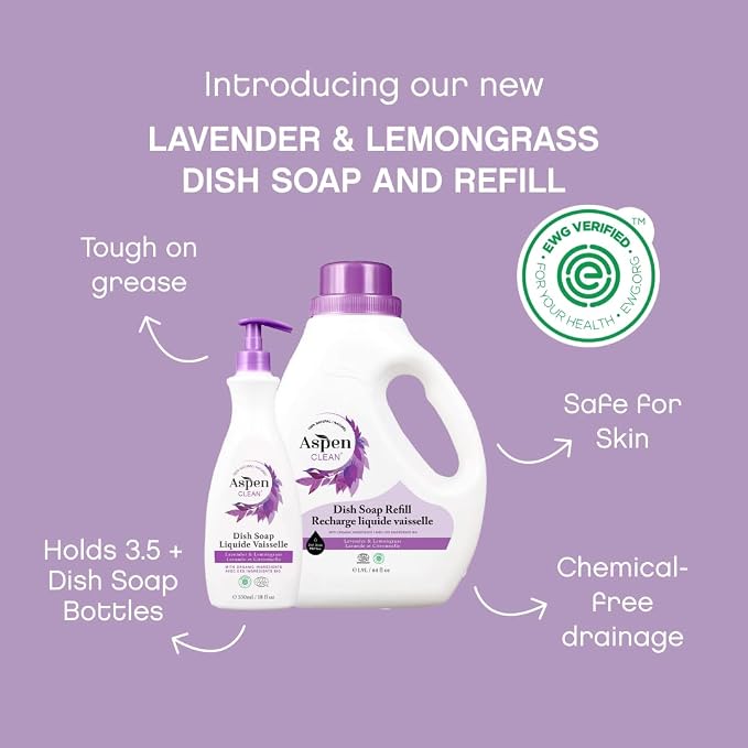 AspenClean | Dish Soap & Refill | Lavender and Lemongrass | Liquid Dishwashing Detergent Soap | Non - Toxic | 100% Natural | EWG Verified | 64 fl oz - Refills Over 3.5 Standard Soap Bottles