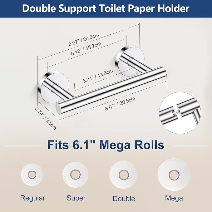 TQKAG Polished Chrome 5 Piece Bathroom Hardware Accessories Set 23.6" SUS304 Stainless Steel Bathroom Towel Bar Holder Sets Double Post Pivoting Toilet Paper Holder Set Wall Mounted