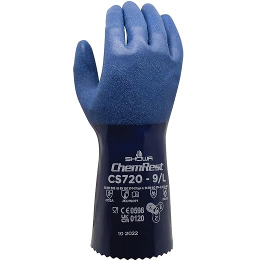 SHOWA CS720 Double Coated Nitrile Chemical Resistant Safety Gloves with Poly Liner, Food Safe, 12" Length, XX-Large (12 Pair)
