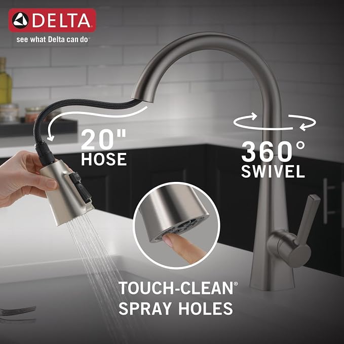 Delta Faucet Lenta Brushed Nickel Kitchen Faucet, Soap Dispenser Included, Kitchen Sink Faucet, Faucet for Kitchen Sink, Magnetic Docking Spray Head, SpotShield Stainless 1982Z-SP-DST