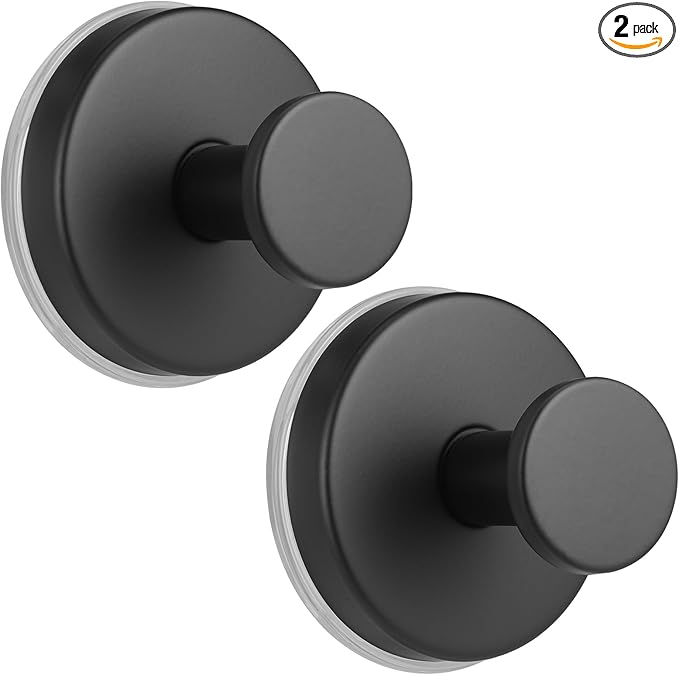 Large 15lb Suction Cup Hooks for Shower, No-Drill Bathroom Towel Hooks for Robes, Loofah, Removable Mountable on Glass, Tile, Mirrors, Smooth Non-Porous Surfaces (2, Matte Black)