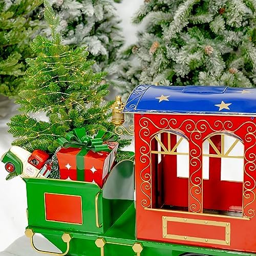 Zaer Ltd. Large Metal Christmas Train Commercial Decoration (5.85 Feet Long - Small, Christmas Themed Colors)