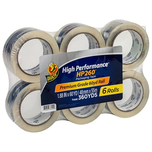 Duck HP260 High Performance Packing Tape Refills, 6 Rolls | Heavy Duty, E-Commerce Shipping, Warehouses, Tear-Resistant, Crystal Clear, 3" Core, 1.88 Inch x 60 Yards