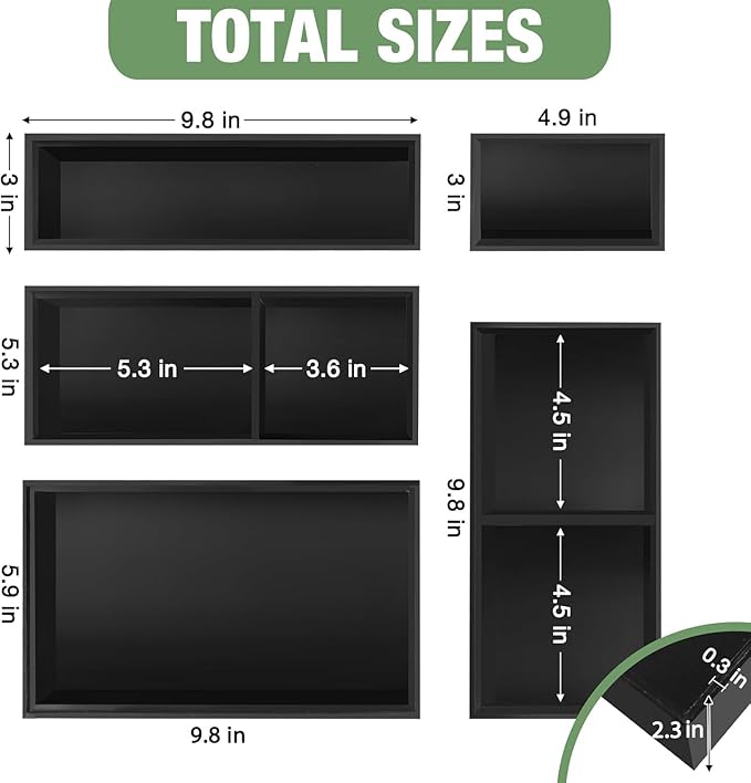 Bamboo Drawer Organizer,5 PCS Black Silverware Tray&Desk Organizers and Storage,Cabinet Divider With Removable Bathroom Organization for Kitchen,Utensils,Junk,Office,Makeup