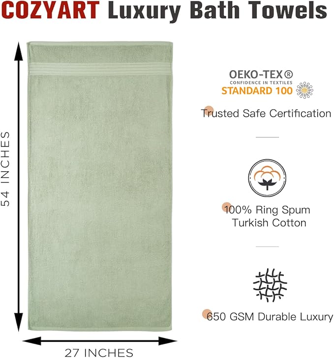 COZYART Luxury Bath Towels 2 PCS, Sage Green 100% Turkish Cotton 650 GSM | OEKO-Tex 100 Certified Zero Twist Ring Spun, Soft Absorbent Quick Dry, Plush Fluffy, Breathable Hotel Quality for Daily Use