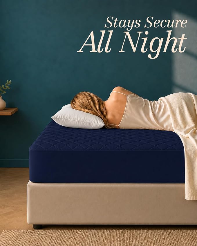 Quilted Fitted Mattress Pad, Twin Mattress Protector Topper with Deep Pocket Stretches up to 16 Inches, Machine Washable Mattress Cover by Utopia Bedding (Navy)