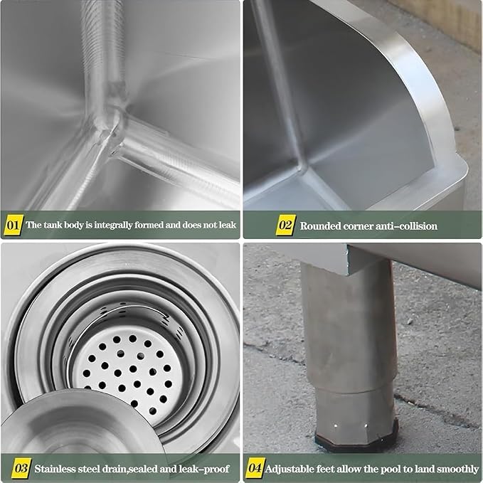 Commercial Floor Mop Sink, Stainless Steel Mop Service Basin Mop Bucket Laundry Room Slop Sink Utility Tub Mop Pool Kit for Kitchen/Restaurant/Business/Garages, Silver-100x41x55cm
