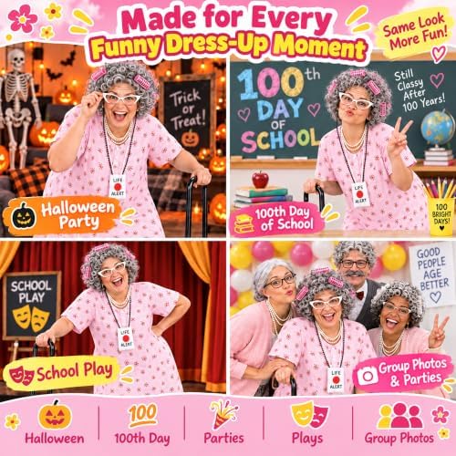 Old Lady Costume for Women, Grandma Dress Up Set for Halloween