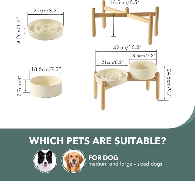 Havniva Elevated Slow Feeder Dog Bowls, Ceramic Dog Bowl Slow Feeder Set | 1.6 Cups Raised Slow Feeder Dog Bowl for Medium Breed, 7.3” Dog Water Bowl with Wooden Stand, Puzzle Dog Food Bowl, Non-slip