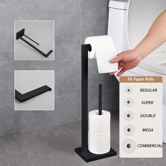 GERZWY SUS 304 Stainless Steel Toilet Paper Holder, Free Standing Lavatory Pedestal Toilet Paper Stand with Reserve, Matte Black DZY004-BK