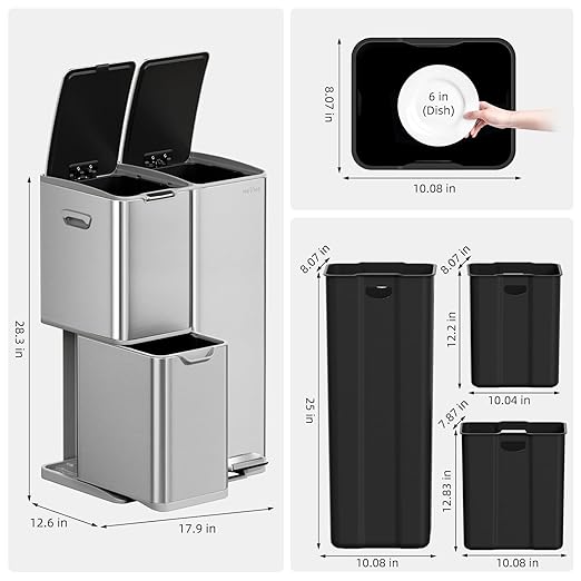 mVm 16 Gal Kitchen Trash Can, 3 Compartment Garbage Can, Heavy Duty Anti Fingerprint Brushed Recycling Bin for Office Home（Tin）