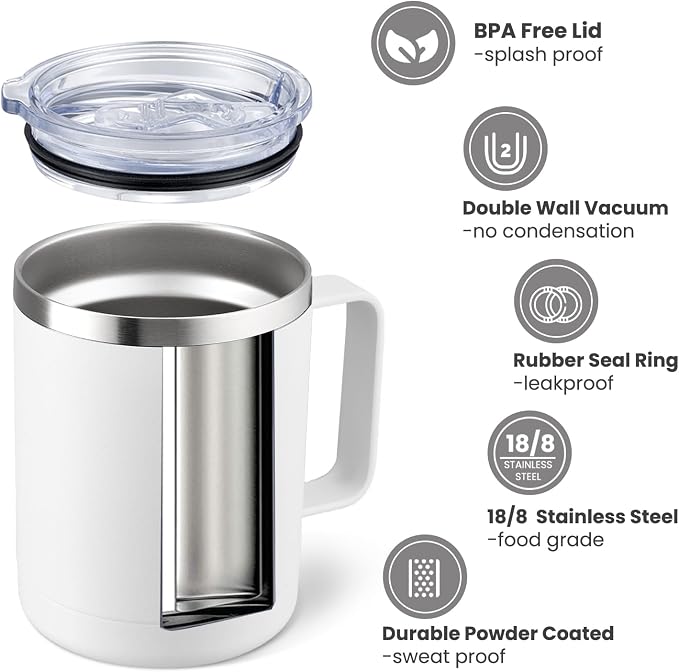 MEWAY 12oz Coffee Mug With Handle 2 Pack Bulk,Stainless Steel Insulated Travel Tumblers With Sliding Lid,Double Wall Vacuum Camping Cup for Hot & Cold Drinks Tea (White,Set of 2)