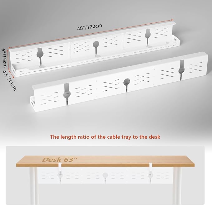 Univivi Under Desk Cable Management Tray - 48" Steel Cord Organizer, No-Drill C-Clamp & Screw Mount for Office/Home, Effortless Wire Management (White)