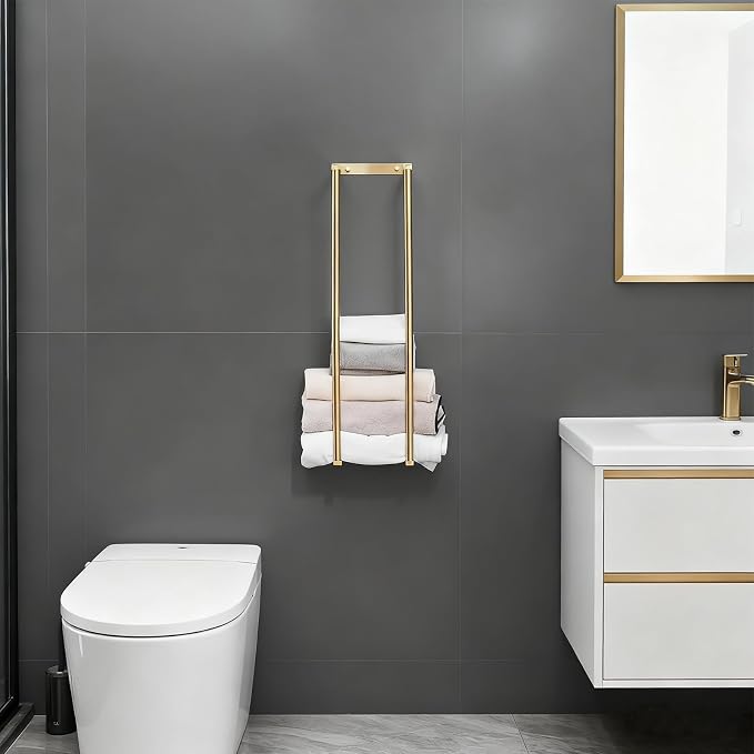 Towel Racks for Bathroom, NEWRAIN Stainless Steel Rolled Towel Storage Wall Mounted Bath Towel Holder for Folded Large Towel Washcloths, Bathroom Organizing Brushed Gold