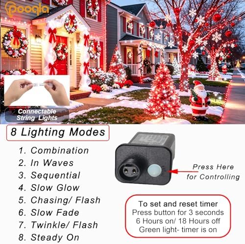 Pooqla 500 LED String Lights Indoor Outdoor, 164 ft Red and White Christmas Lights Plug in with Timer, Connectable 8 Modes Waterproof Clear Wire Twinkle Fairy Lights for Bedroom Party Classroom Decor