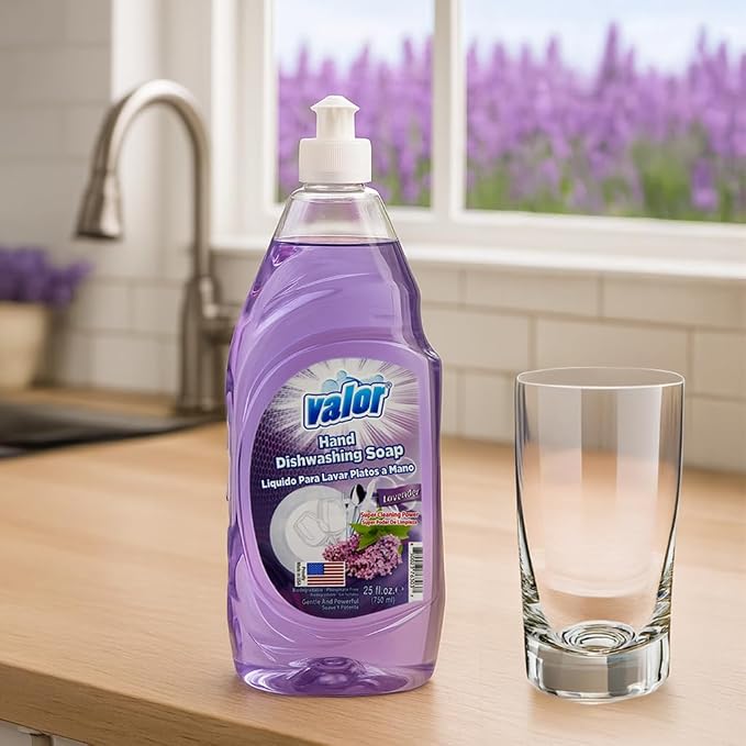 Valor Dishwashing Liquid, 25 fl oz – Dish Soap for Kitchen & Bathroom, Grease-Fighting, Gentle on Hands, Fast Rinse, Eco-Friendly Biodegradable Formula (25 fl oz (Pack of 1), Lavender)