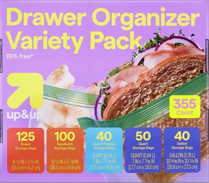355-Count Food Storage Bags Variety Pack - Assorted Clear Plastic Bags (5-in-1: Snack/Sandwich/Quart Freezer/Quart/Gallon) with 1 Reusable Grocery Bag Tote