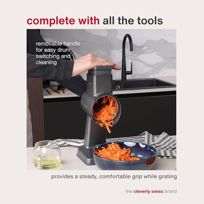Zyliss Rotary Grater - Includes Universal, Gourmet, Puree & Julienne Drums for Grating Cheese, Vegetables, Chocolates & Nuts - Includes Non-Slip Suction Foot & Table Clamp - 6 Steel Drums