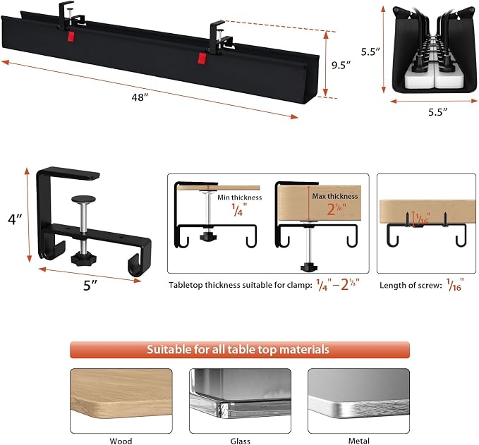 Univivi No Drill Under Desk Cable Management Tray, 48" Cord Organizer for Table, Clamp/Screw Mount Desk Cable Management, Premium Fabric Cable Management Tray for Office, Home (Extra Large)