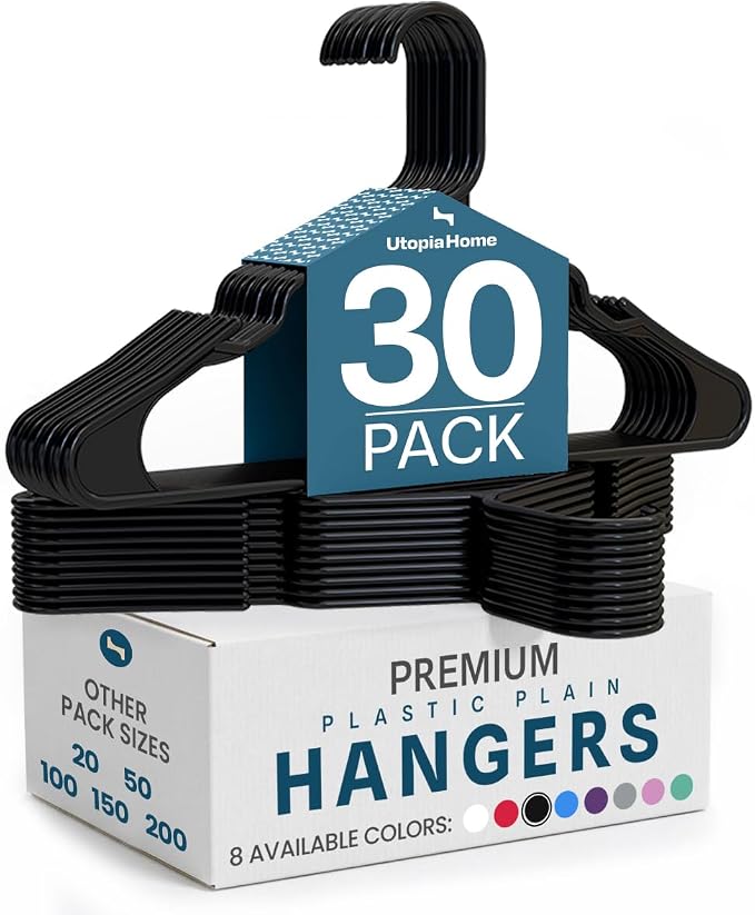 Utopia Home Plastic Hangers 30 Pack – Space Saving Clothes Hanger Black | Durable & strong | Closet organizer & storage | Ideal for apartments, dorms & stocking stuffers