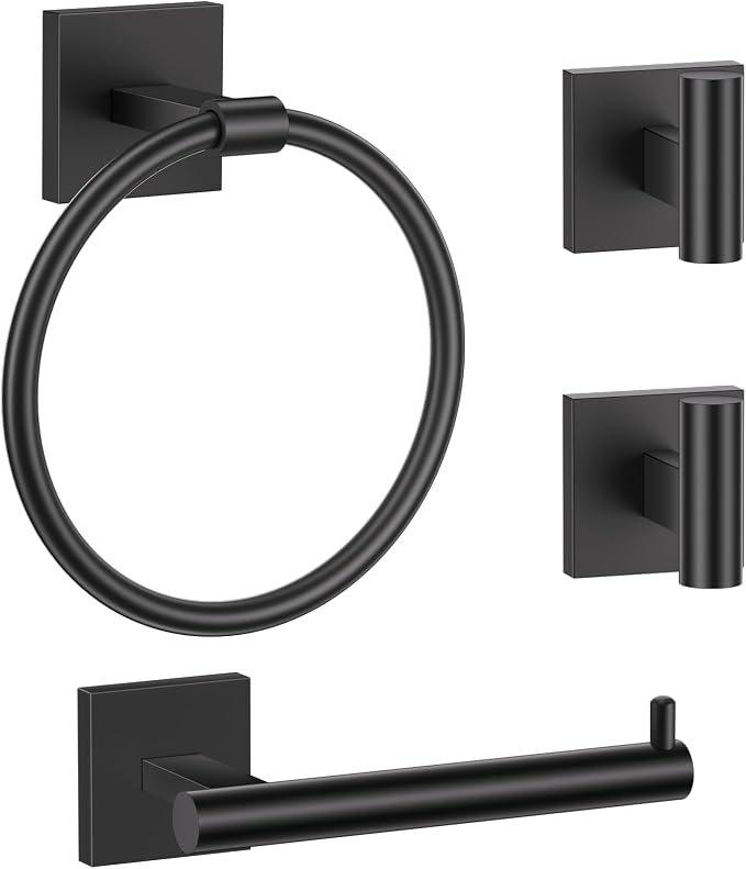 Towel Ring Set 4 Piece Bathroom Hardware Set Includes Towel Ring 2 Towel Hooks and Toilet Paper Holder Stainless Steel Wall Mounted (Matte Black)