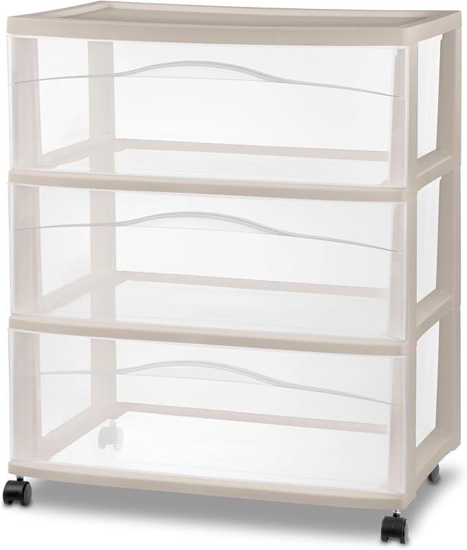 Sterilite Wide Storage Cart, 3 Clear Drawer Plastic Organizer with Wheels, Grey Pumice Frame - Rolling Unit for Craft Supplies or Home Accessories