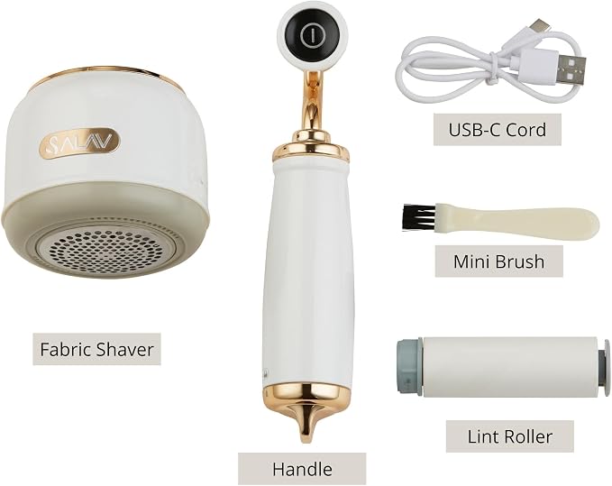 SALAV® Retro Edition Rechargeable Fabric Shaver and Lint Roller with 6-Blade System Removes Fuzz and Piling on Fabrics, with Charging Cable and Mini Brush (Pearl)