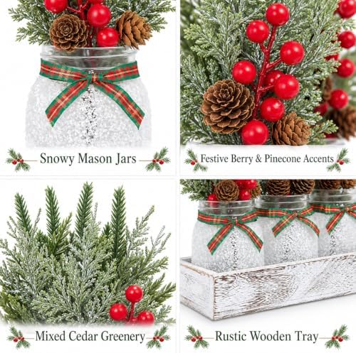 Mason Jar Christmas Centerpieces for Tables, Winter Xmas Table Decorations