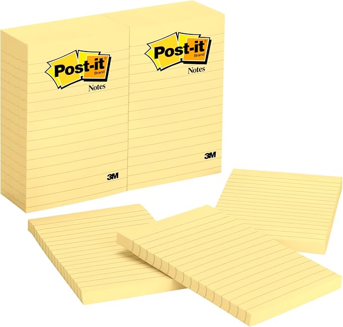 3M Post-it Lined Original Notes, 4 x 6 Inches, Canary Yellow, Pack of 12