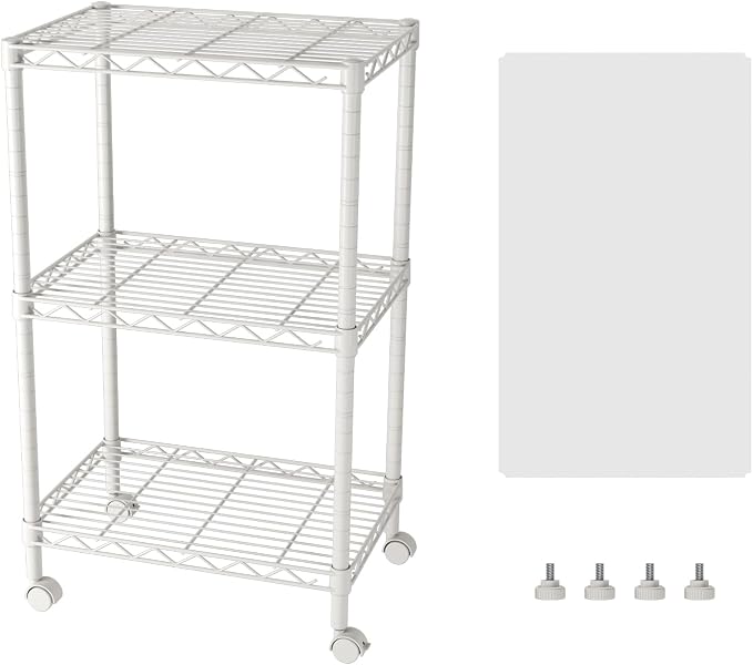 SINGAYE 3 Shelves Storage Shelf Wire Shelving Unit Metal Adjustable Wheels | Small Shelf Storage with Wheels Organizers Closet Unit for Bathroom Laundry Room Kitchen Pantry11.5D x 17.5W x 30.5H White