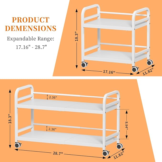 DAOUTIME 2-Tier Expandable Rolling Cart, Pantry Storage Cart with Wheels, Adjustable Rolling Pantry Floor Organizer, Metal Under Desk Cart, Sturdy Can Storage & Snack Organizer for Kitchen Pantry