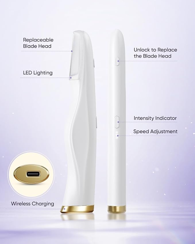 Sonic Dermaplaning Tool for Women Face, Electric Dermaplane Razor with LED Light, 2-in-1 Peach Fuzz & Dead Skin Remover, 3-Speed Facial Exfoliating Tool with 8 Replacement Blades (White)