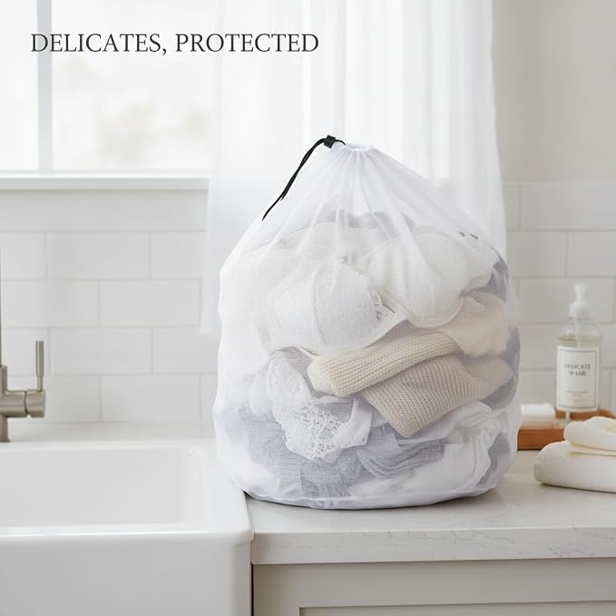 Laundry Mesh Bag with Drawstring, Polyester Net for Delicates, Lingerie, and Knits, White (1 PC)