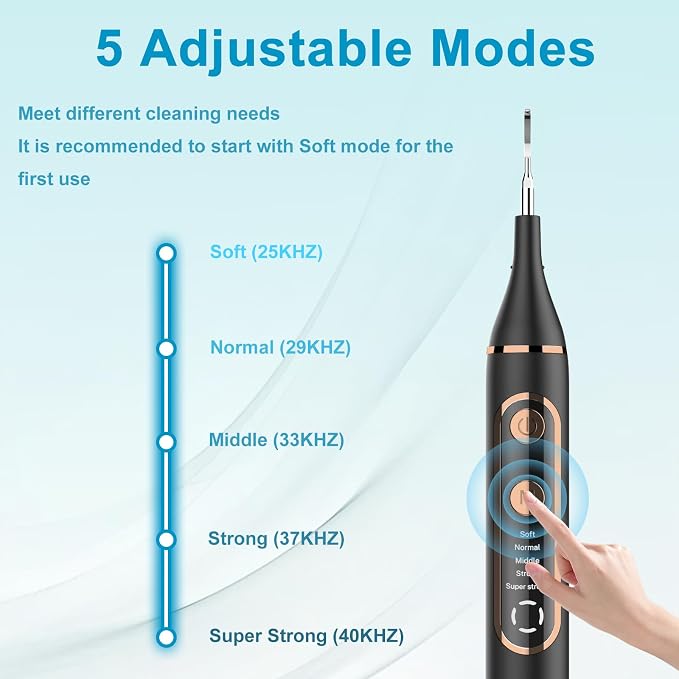 Plaque Remover for Teeth - SIQUER Teeth Cleaning Kit Dental Tools | LED Light 5 Speed Modes 4 Replaceable Heads USB Rechargeable for Home Travel Use, Black