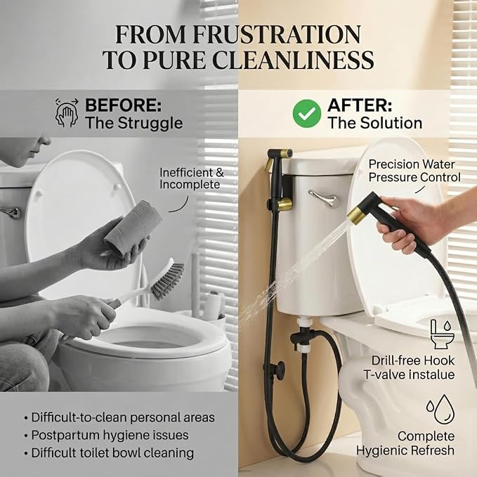 BARROCK Handheld Bidet Sprayer for Toilet, Stainless Steel Metal Made Baby Cloth Diaper Spraying Kit, Bathroom Toilet Bidet Attachment Set for Bathing Pets and Feminine Washing,Matte Black and Gold