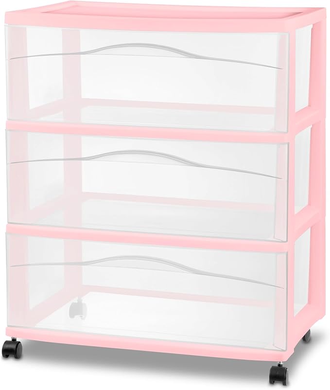 Sterilite Wide Storage Cart, 3 Clear Drawer Plastic Organizer with Wheels, Pink Frost Frame - Rolling Unit for Craft Supplies or Home Accessories