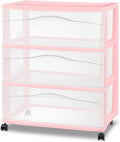 Sterilite Wide Storage Cart, 3 Clear Drawer Plastic Organizer with Wheels, Pink Frost Frame - Rolling Unit for Craft Supplies or Home Accessories