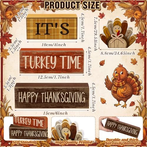 Moucuny 4 Pcs Thanksgiving Table Decorations, Turkey Time Wooden Block Sign