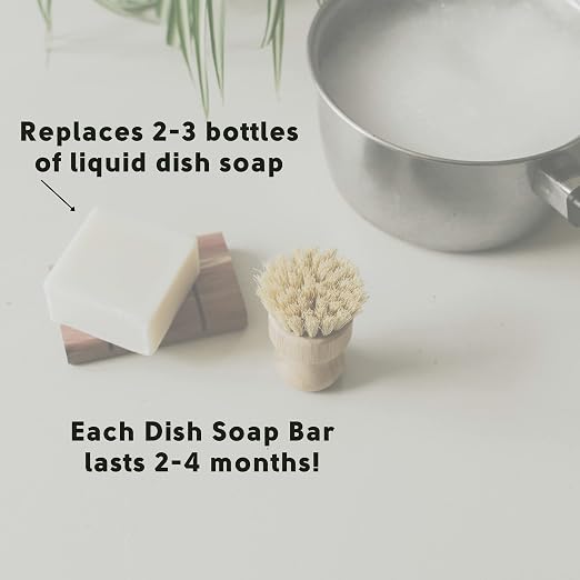 Dish Washing Bundle Kit | Eco-Friendly Solid Dish Soap, Cedar Soap Tray, Bamboo Pot Brush | Organic & Vegan Ingredients, Non-Tox Dish Soap | 3pc. Set