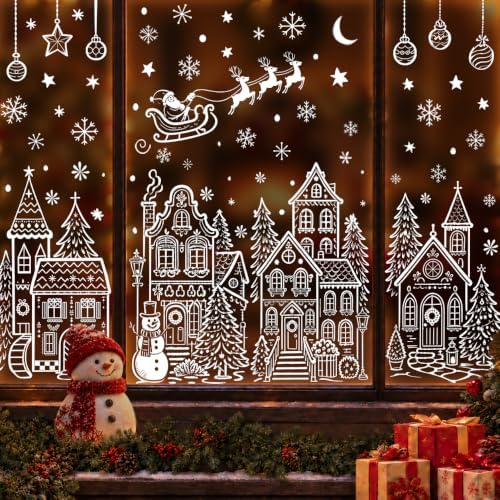 Extra Large Village Christmas Window Clings, Winter White House Stickers