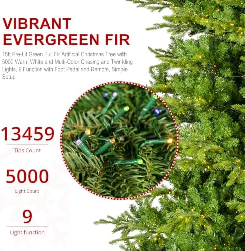 Glitzhome 15ft Prelit Artificial Christmas Tree, Vibrant Evergreen Fir with 5,000 Warm White/Multi-Color Chasing and Twinkling Lights, 13,459 PE&PVC Branch Tips, 9 Function w/Foot Pedal, Simple Setup