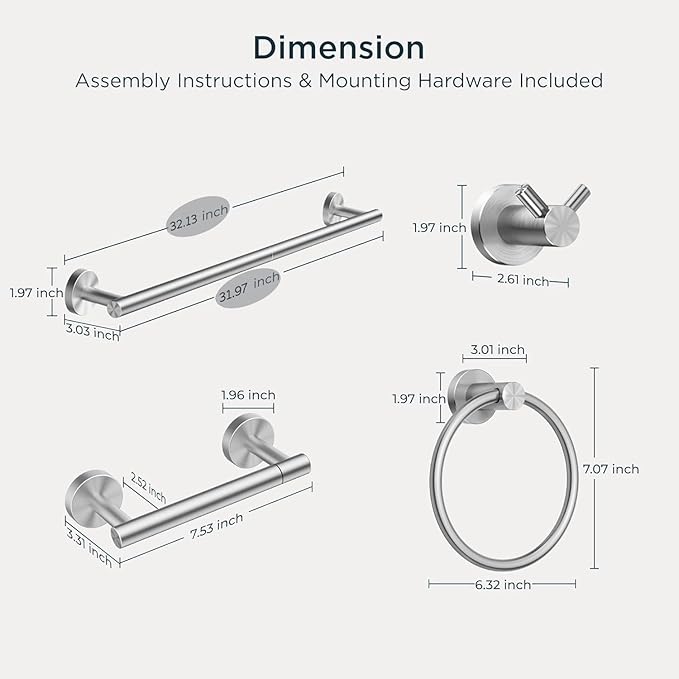 FORIOUS Bathroom Hardware Accessories Set, SUS304 Stainless Steel Towel Bar Set, Modern Towel Racks Holder for Bathroom, Toilet Paper Holder Wall Mounted 4 Pieces(30" Bar, Brushed Nickel)