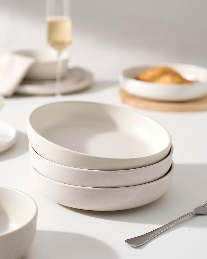 famiware Milkyway Pasta Bowls Set of 8, 33 oz Large Salad Bowls, Double Reactive Glaze, Sturdy & Stackable, Ideal for Housewarming, Festivals, Matte White