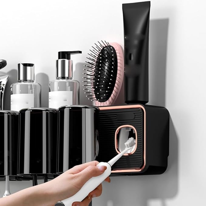 Toothbrush Rack Wall-mounted Hole-free Tooth Cup Holder Bathroom Black and White Transparent Cup Mouthwash Rack Tooth Cylinder Toothpaste Toothbrush Holder Bathroom Toothbrush Holder(B)