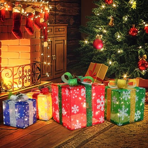 DomKom Set of 4 Christmas Lighted Gift Boxes, 70 Led Light Up Colorful Iron Frame Present Box with Pine Cones Bows for Xmas Tree Party Yard Holiday Indoor Outdoor Decoration