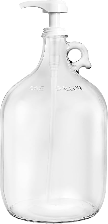 kitchentoolz Gallon Glass Pump Dispenser Bottle, Large Jug Laundry Liquid Detergent Dispenser with Pump for Laundry Room Organization, Soap, Fabric Softener, Commercial Condiment Dispenser- 128 oz