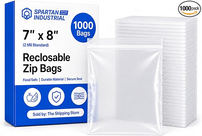 Spartan Industrial - 7” X 8” (1000 Count) 2 Mil Clear Reclosable Zip Plastic Poly Bags with Resealable Lock Seal Zipper